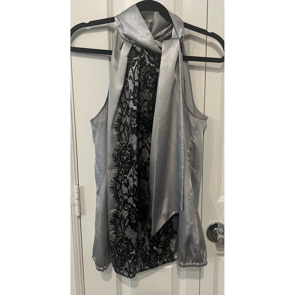 Ashley Stewart Silver Satin Halter Top Black Lace Panel Neck Tie 14W (1135) - Picture 12 of 14